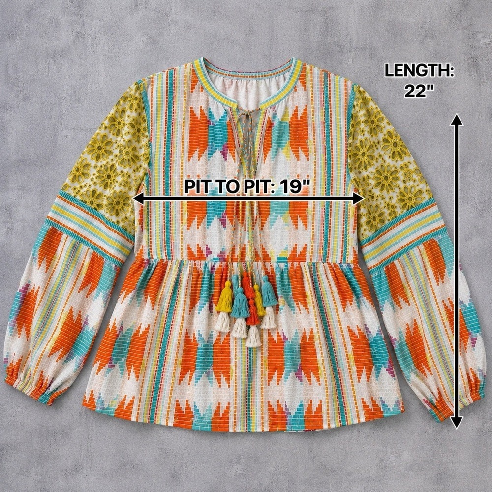 Alice And Olivia Ikat- Print Pullover Top Womens S Tassels Babydoll Boho Coastal - Picture 6 of 7